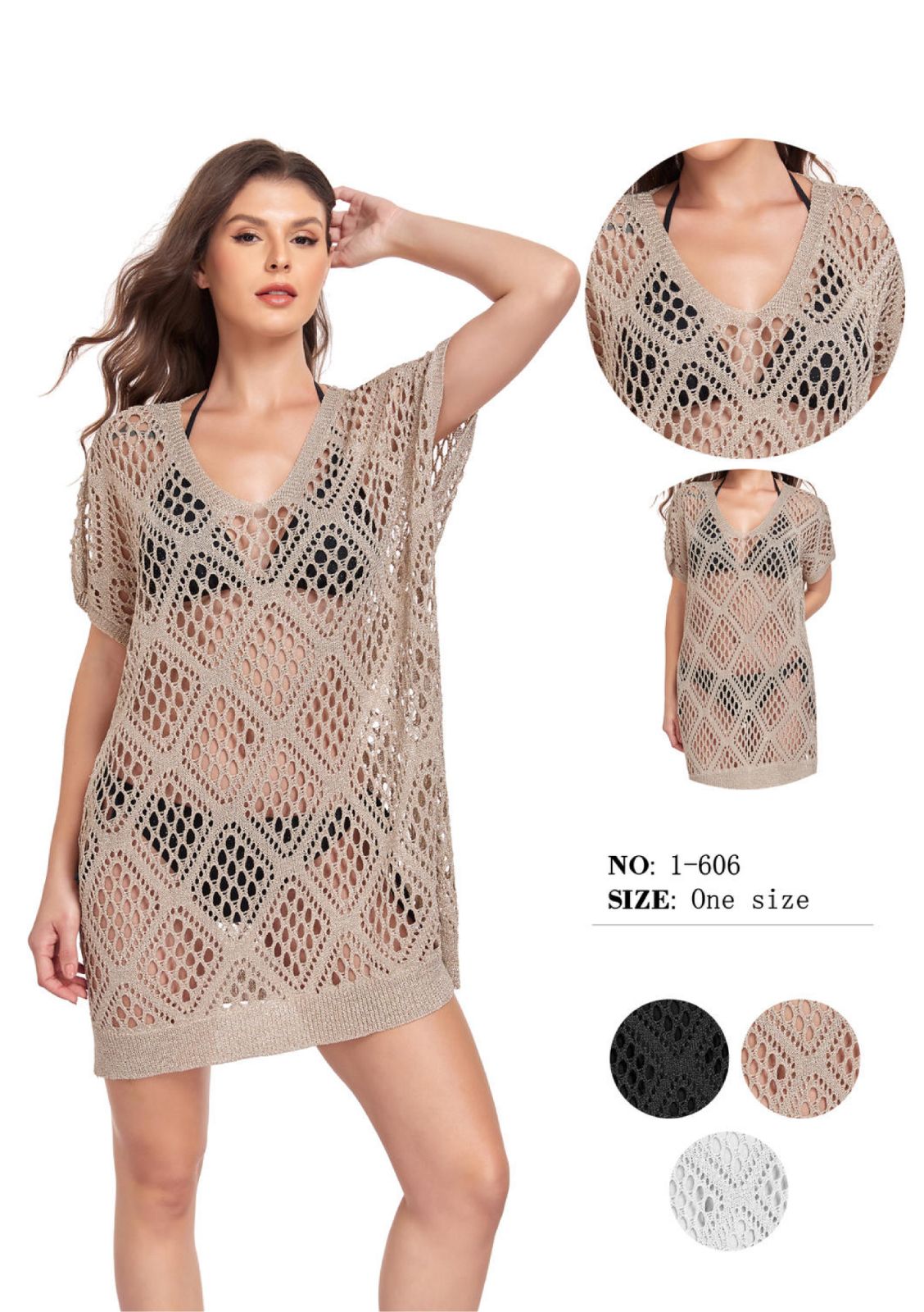 Women Crochet Beach Cover Up Hollow Out Swimwear Cover-Up Knitted Bikini Cover Up V-Neck Beach Dress Summer Swimsuit Coverup
